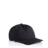 A black cap with a curved peak and eyelet vents, featuring a logo on the front.