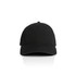 A black five-panel cap with a curved brim and an adjustable strap at the back, featuring a subtle logo.