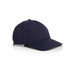A navy five-panel cap featuring a curved brim and a branded tag on the side.