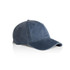 A faded blue cap featuring a rounded crown and a curved brim, with a logo on the side.