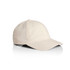 A beige cap with a curved peak and stitched detailing, featuring a logo on the front.