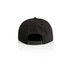 A black cap with a rounded back and an adjustable strap, featuring a logo on the side.