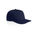 A navy cap with a structured design and a curved brim, featuring a logo on the front.