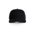 A black trucker cap featuring a solid front and mesh back, with a logo on the front.