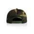A camo cap featuring a green, brown, and yellow camouflage pattern. It has an adjustable strap at the back and a logo.