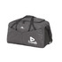 A grey duffel bag with a large compartment and multiple handles, featuring a logo on the front.
