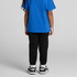 Black track pants with elastic cuffs, worn with a blue T-shirt and black sneakers, showcasing a casual back view.