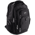 A black laptop backpack with multiple pockets and zippers, featuring a logo on the front.