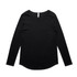 A long-sleeve black t-shirt with a round neckline and a slight curved hem. Features a logo on the label.