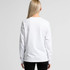 A long-sleeve white T-shirt viewed from the back, featuring a simple design and a branding logo.