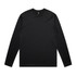A black long-sleeve T-shirt featuring a simple design and a logo. It's made from activewear fabric.
