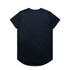 A black t-shirt featuring a round neck and short sleeves, with a curved hemline. It has a logo on the back.