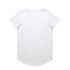 A white short-sleeve T-shirt featuring a curved hem and a brand logo. Basic and versatile design.