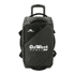 A wheeled duffel bag in black with a logo, featuring a retractable handle and side straps for easy carry.