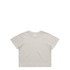 A light grey cropped t-shirt with short sleeves, featuring a logo on the front.