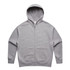 A grey zip-up hoodie with a hood and front pockets, featuring a logo.