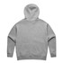 A grey hooded jumper with a spacious hood and long sleeves, featuring a branded logo on the back.
