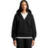 A black half zip hoodie with a front pocket and a hood, featuring a logo on the chest.