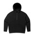 A black half zip hoodie featuring a front pocket and a hood. It has a simple design with a subtle branding detail.