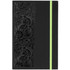 A black journal with a textured floral design and a vibrant green elastic band. It features a logo on the cover.