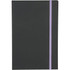 A black journal with a lavender elastic band. It features a simple design suitable for office use.