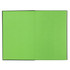 A bright green journal with black edges, featuring two open pages. The journal has a branding logo on the cover.