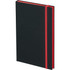 A black journal with a red spine and elastic band for closure, featuring a simple design and a logo.