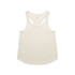A cream-coloured racerback tank top with a rounded hem and a logo on the label.