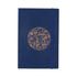 A navy blue soft bound journal featuring a decorative circle design and an elastic closure.