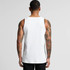 A white organic rib singlet displayed on a model from the back, showcasing tattooed arms and a minimalistic design.