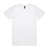 A white T-shirt with a round neck and short sleeves, featuring a logo on the label.