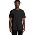 A black t-shirt with short sleeves, featuring a simple design and a small logo.