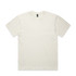 A plain off-white t-shirt with a crew neck and short sleeves, featuring a brand logo on the label.