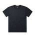 A plain black T-shirt with a crew neckline and short sleeves, featuring a logo on the label.