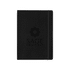 A large black bound journal with an elastic closure, featuring a logo on the cover.