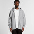 A grey zip-up hoodie features a spacious fit with a hood and a front zip, worn over a white t-shirt.