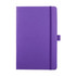 A purple notebook featuring a smooth cover, elastic closure, and a logo on the front.