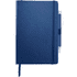 A navy blue notebook with a pen attached, featuring a smooth cover and an elastic band.
