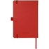 A red Nova Bound JournalBook with an elastic closure and ribbon bookmark. It features a logo on the front cover.