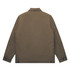 A brown canvas heavy jacket with a collared neckline and button details at the cuffs. It features a logo.
