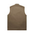 A khaki heavy vest with a simple design, featuring a collar and no sleeves. It includes a logo.