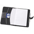 A5 journal cover in black with an internal notepad, pen, and a card slot. Includes a logo on the interior.