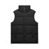 A black puffer vest with a high collar and two side pockets, featuring a front zipper and no sleeves.