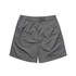 A pair of grey swim shorts with an elastic waistband and a simple design. Features a logo.