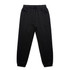 Black track pants made from soft fabric, featuring an elastic waistband and ankle cuffs. Includes side pockets and a logo.