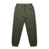Olive green track pants with an elastic waistband and cuffs. Includes pockets and a drawstring. Features a logo.