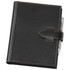 A5 journal cover in black leather with a pen attached, featuring stitching details and a clasp closure.