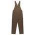 A pair of brown canvas overalls with adjustable straps and front pockets, featuring a branding logo.