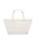 An oversized tote bag in off-white with two handles and a simple design. It features a logo on the exterior.