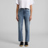Straight jeans in a light blue wash, featuring a classic fit and cropped silhouette, paired with a white cropped top.